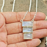 Rainbow Moonstone Step Silver Necklace