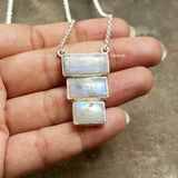 Rainbow Moonstone Step Silver Necklace