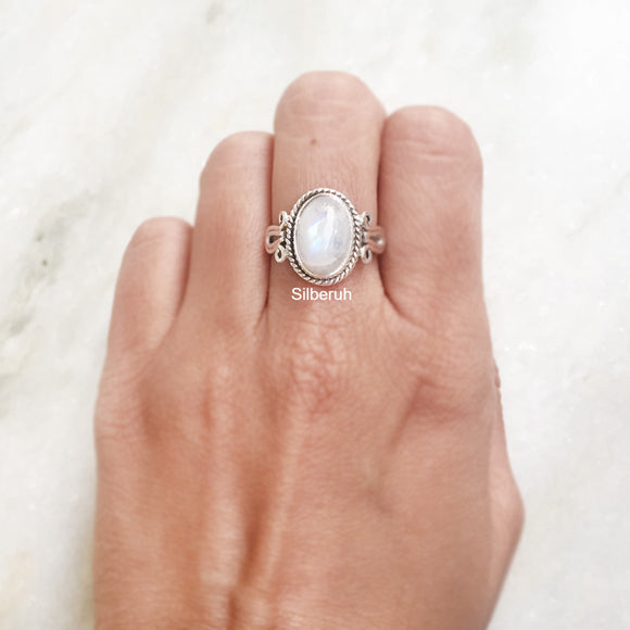 Rainbow Moonstone Swirl Silver Ring