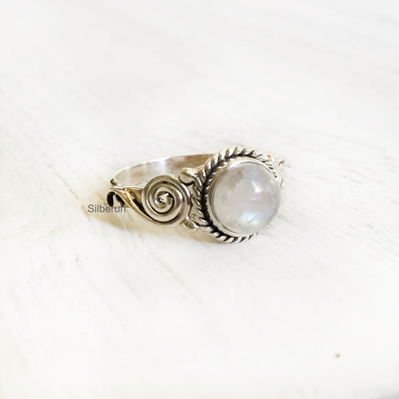 Rainbow Moonstone Tribal Silver Ring