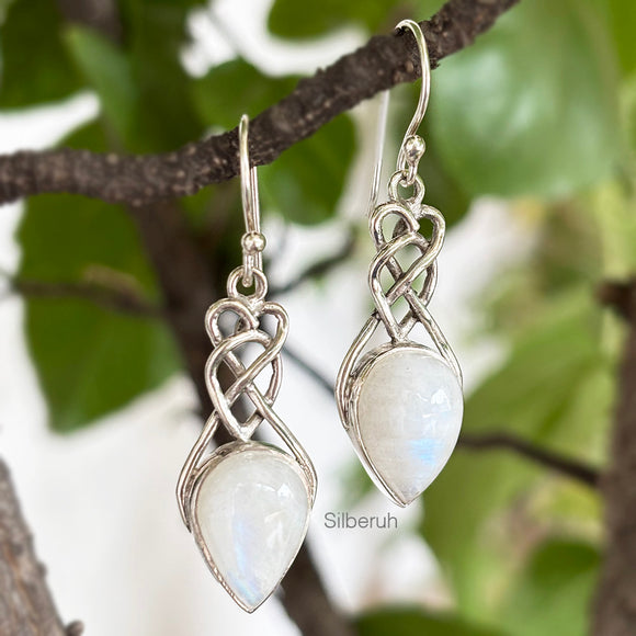 Rainbow Moonstone Triquetra Knot Silver Earring