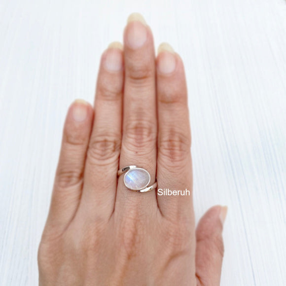 Rainbow Moonstone Twist Silver Ring