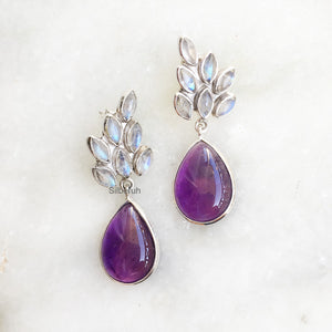 Rainbow Moonstone & Amethyst Silver Earring