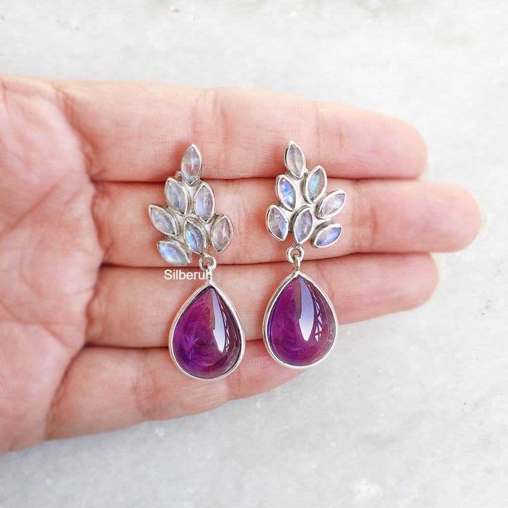 Rainbow Moonstone Amethyst Silver Earring - Main Image