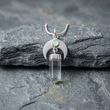 925 Silver Rainbow Moonstone and Crystal Quartz pencil pendant