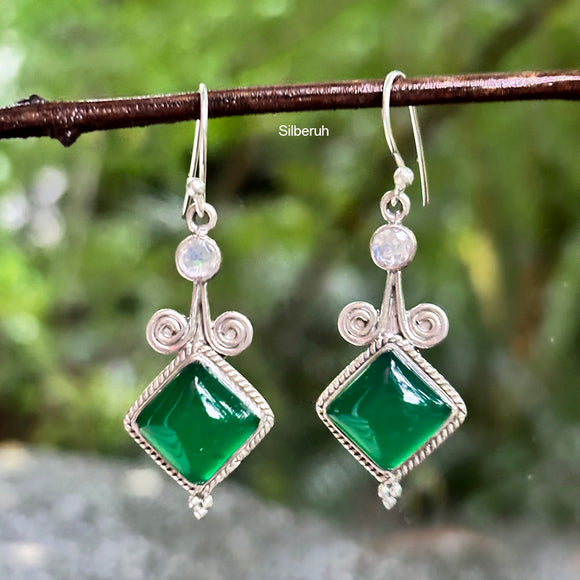 Rainbow Moonstone & Green Onyx Patang Silver Earring 