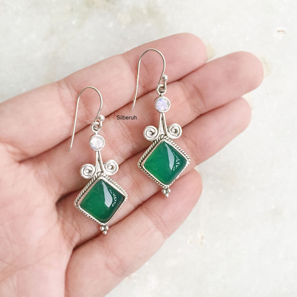 Rainbow Moonstone & Green Onyx Patang Silver Earring