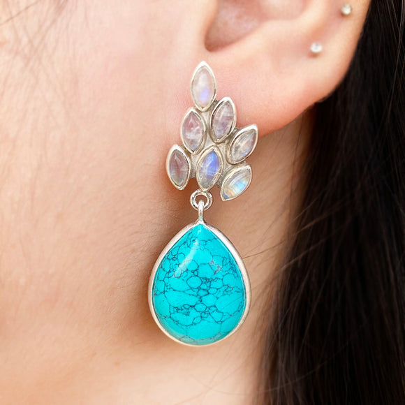 Rainbow Moonstone & Turquoise Silver Earring