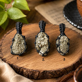 Natural Raw Pyrite Crystal Pendant in Black Macramé