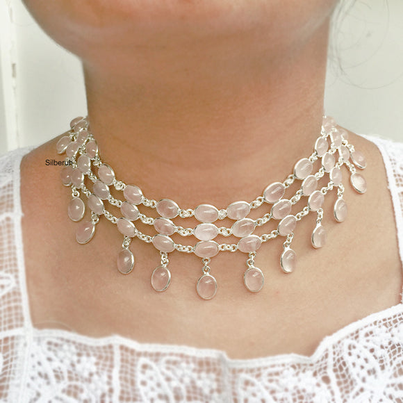 Rose Quartz Choker Silver Necklace