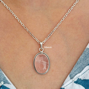 Rose Quartz Oval Silver Pendant