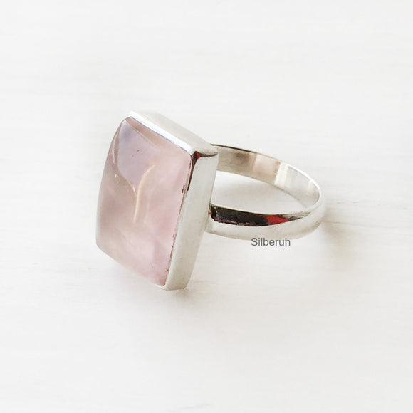 Rose Quartz Rectangular Silver Ring