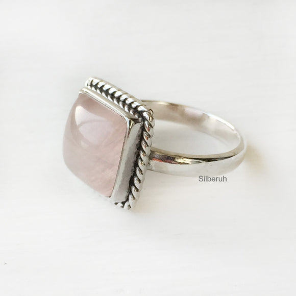 Rose Quartz Square Silver Ring