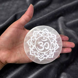 3 inch Selenite charging plate engraved with sacred OM symbol