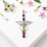 925 Silver Seven Chakra Angel Wing Pendant with natural gemstones