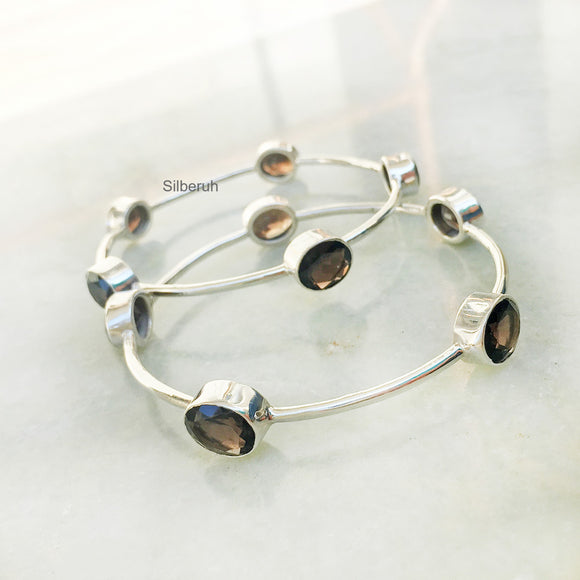 Smoky Quartz Facetted Silver Bangle