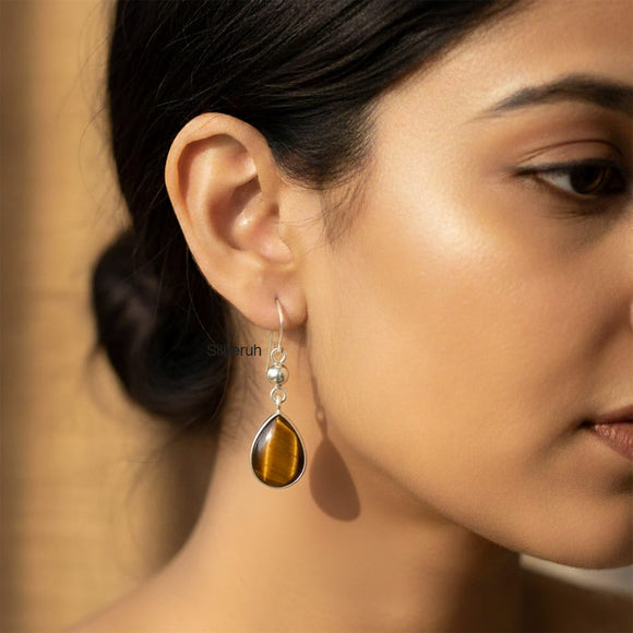 Tiger's Eye Drop Silver Earring