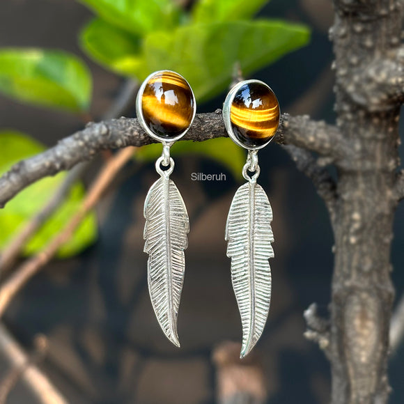 Tiger's Eye Feather Silver Earring