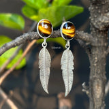 Tiger's Eye Feather Silver Earring