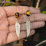 Tiger's Eye Feather Silver Earring
