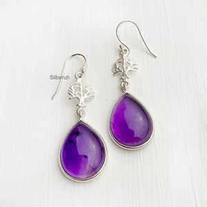 Tree Of Life Amethyst Silver Drop Earring