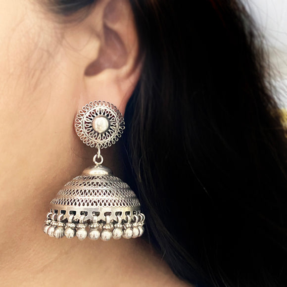 Tribal Jali Silver Jhumka