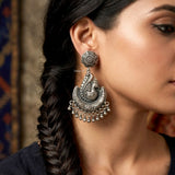 Tribal peacock sterling silver chand earrings for festive styling
