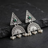 Handcrafted tribal pearl sterling silver earrings with oxidised finish