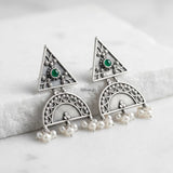 Oxidised sterling silver statement earrings with pearls and green stone accents