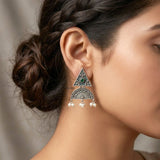 925 silver tribal earrings featuring pearl drops and geometric design