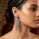 Handcrafted 925 tribal long drop silver earrings in sterling silver