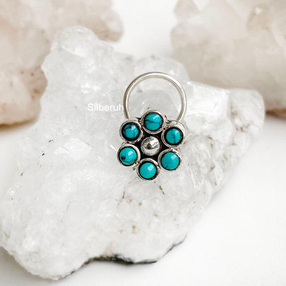 Turquoise Flower Silver Nose Pin