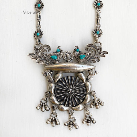 Turquoise Peacock Silver Tribal Necklace
