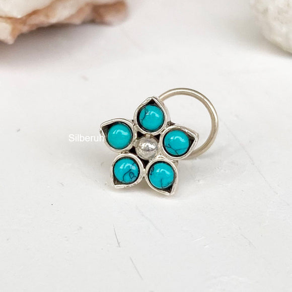 Turquoise Phool Silver Nose Pin