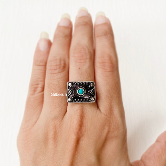 Turquoise Rectangular Adjustable Silver Ring