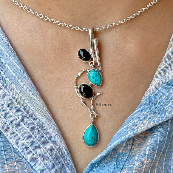 Turquoise & Black Onyx Silver Pendant
