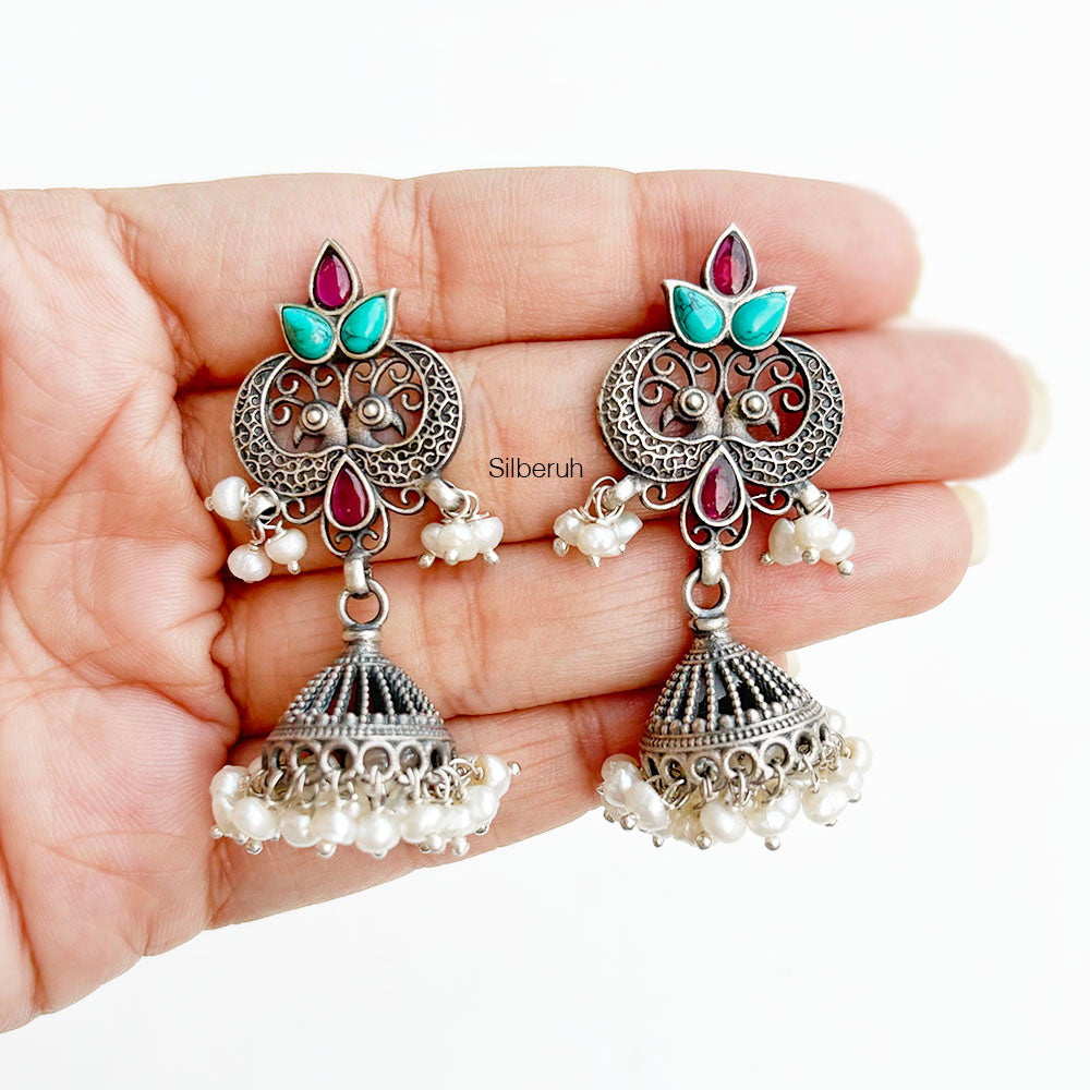 Turquoise Pearl Silver Jhumka