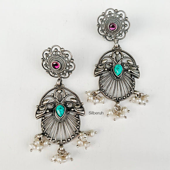 Turquoise & Pearl Silver Oxidised Earring