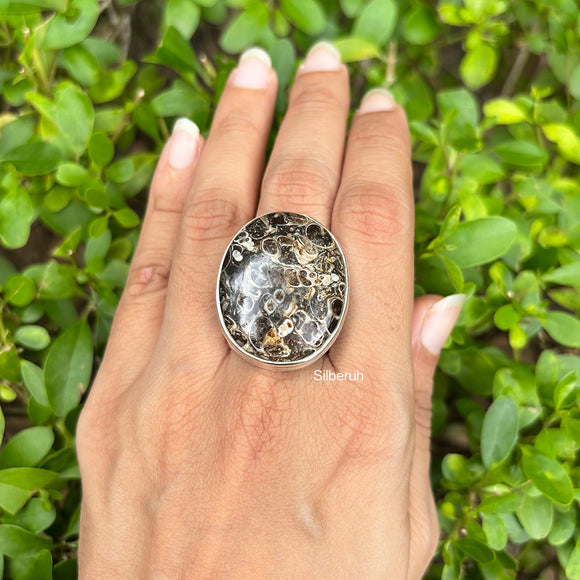 Turritella Agate Adjustable Silver Ring