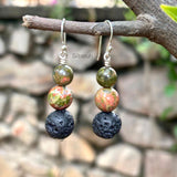 Unakite & Lava Stone Silver Earring