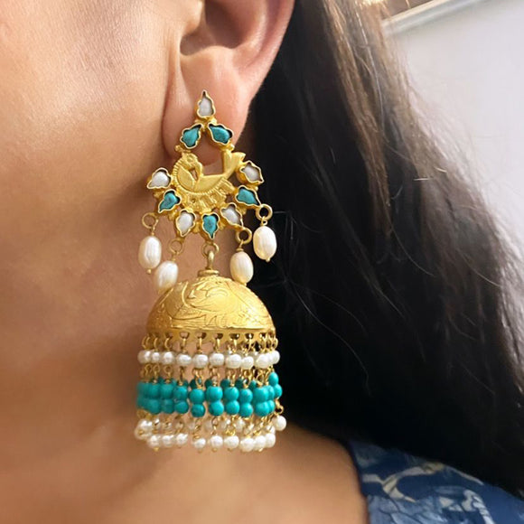 Turquoise & Pearl Silver Gold Jhumka
