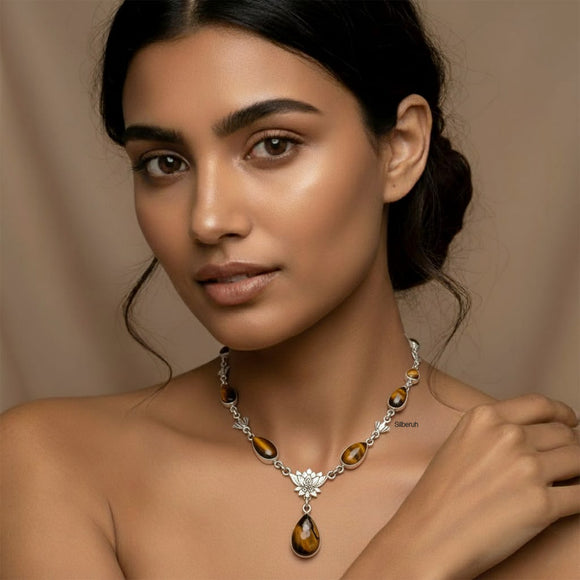Tiger's Eye Lotus Silver Necklace
