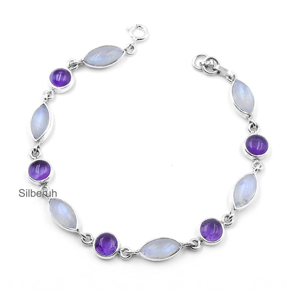 Amethyst & Rainbow Moonstone Silver Bracelet