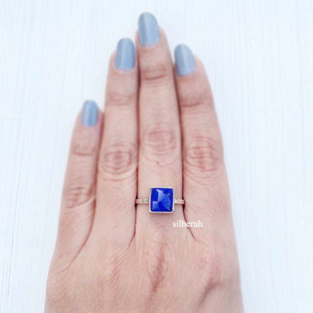 Genuine Lapis Lazuli Silver Ring - 8 Carat Rectangle Stone In 925 Sterling Silver (Sizes 5-13)