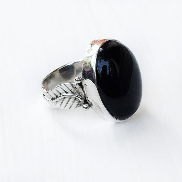 Black Onyx Leaf Silver Ring