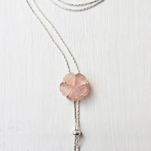 Rose Quartz Flower Carved Silver Necklace