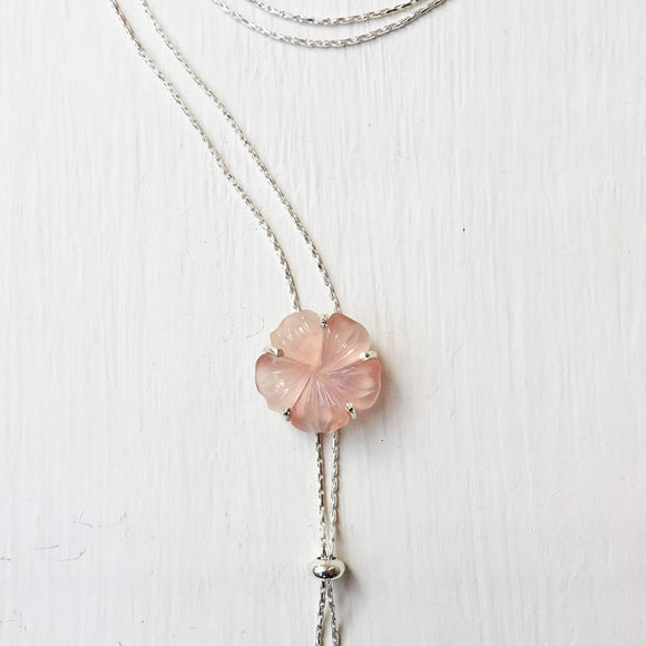 Rose Quartz Flower Carved Silver Necklace