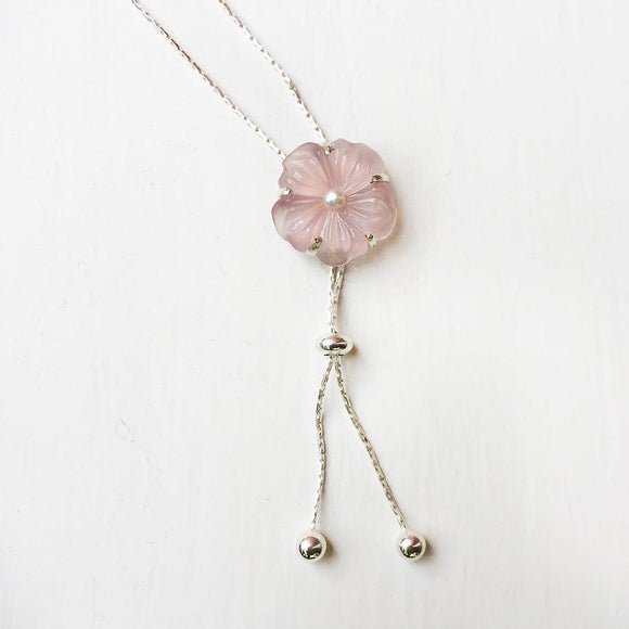 Rose Quartz & Pearl Flower Carved Silver Necklace