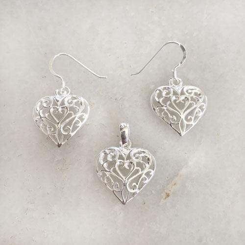 FILIGREE HEART SILVER PENDANT & EARRING SET - SILBERUH