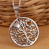 Tree of Life Crescent Moon and Sun Silver Pendant